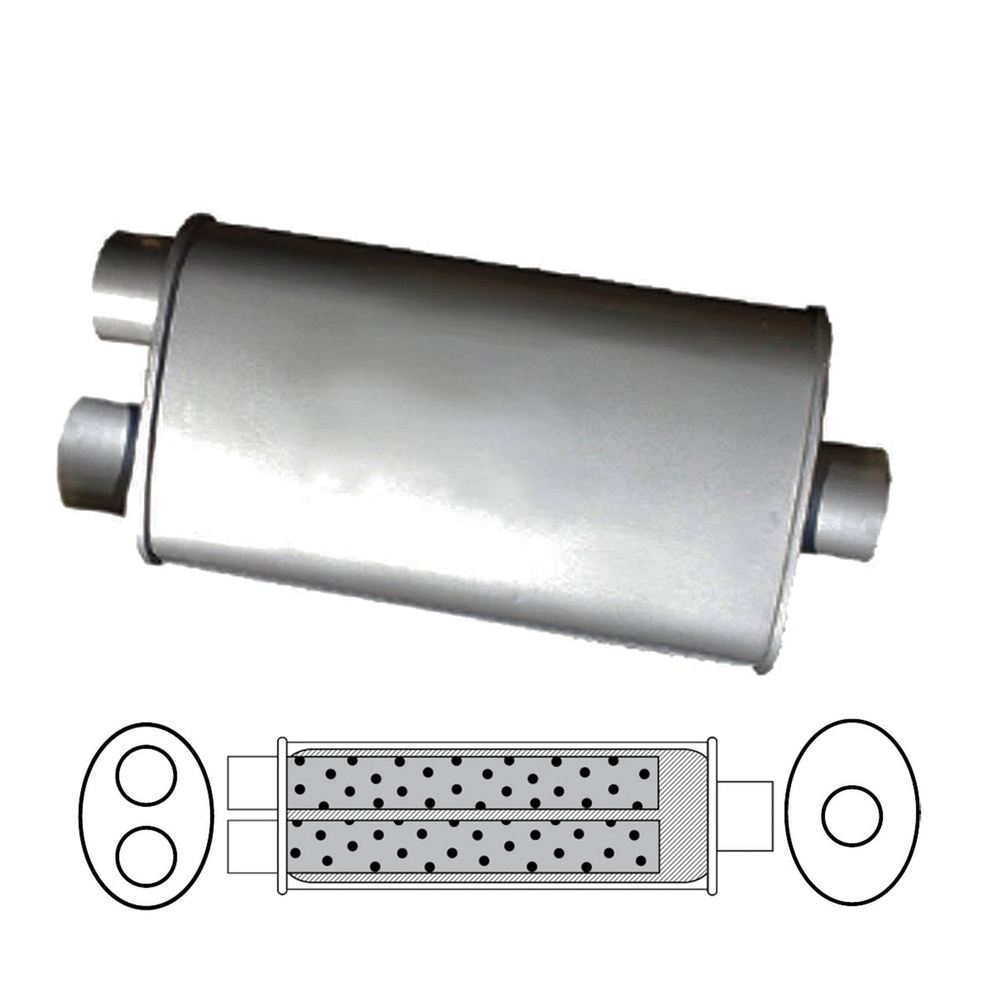 2" Triple Flow Muffler Single In/Twin Out - 8" x 4" Oval, 14" Long, Aluminised Steel