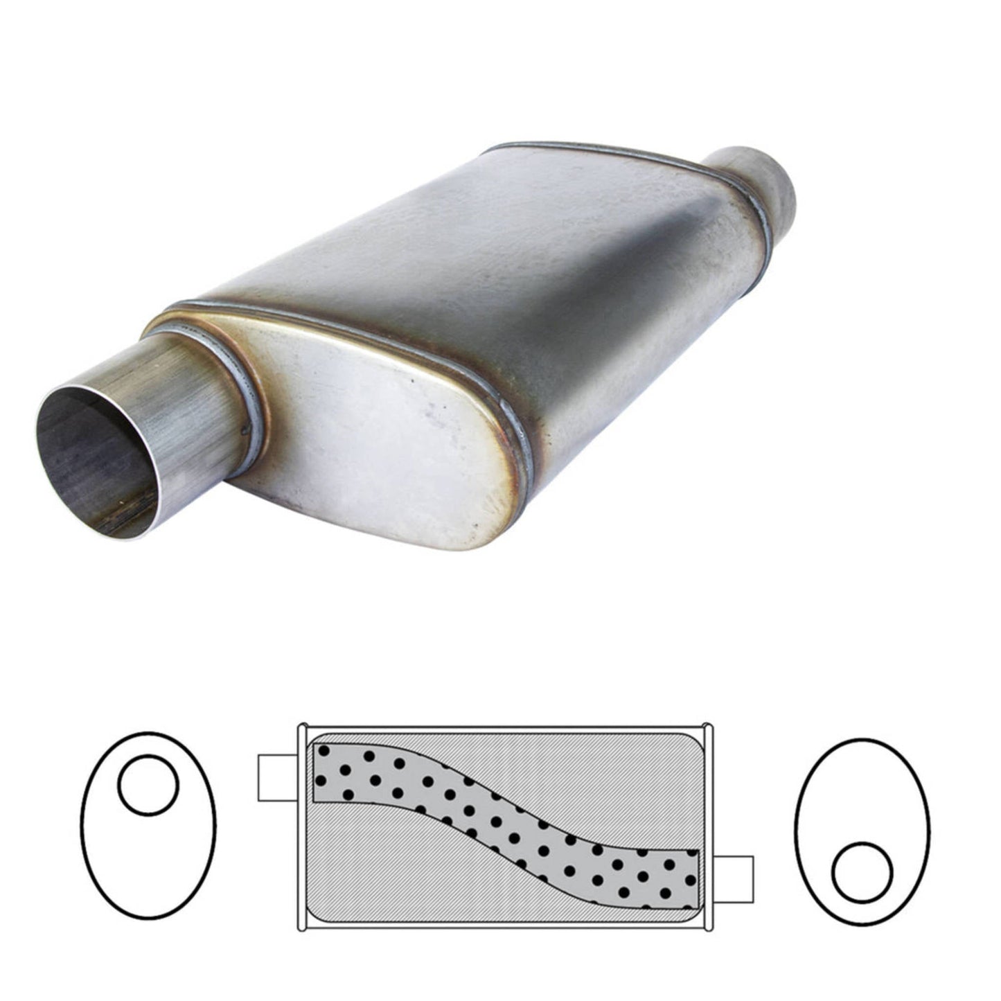 2" Performance Muffler Offset/Offset - 8" x 4" Oval, 14" Long, 409 SS