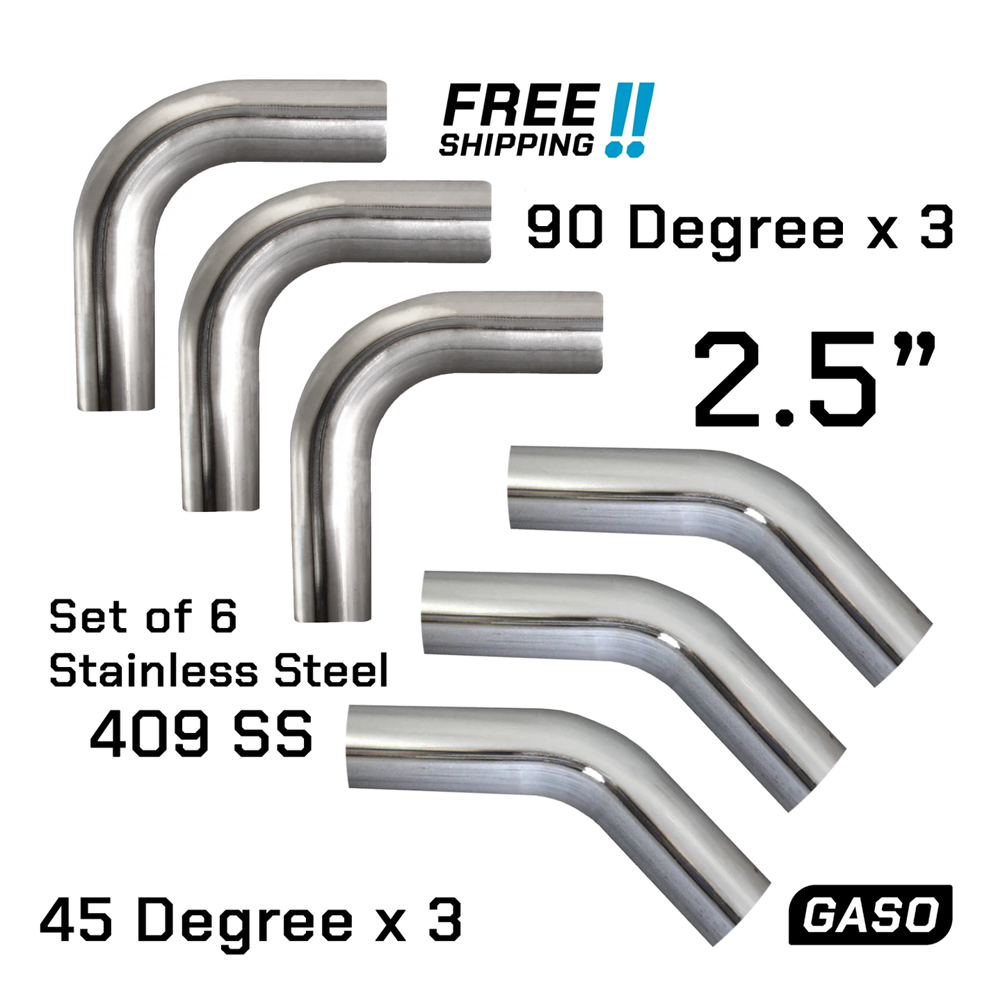 Set of 6 - 2.5" Inch Mandrel Bend Exhaust Pipe 409 Stainless Steel 3x 45 & 3x 90 Deg