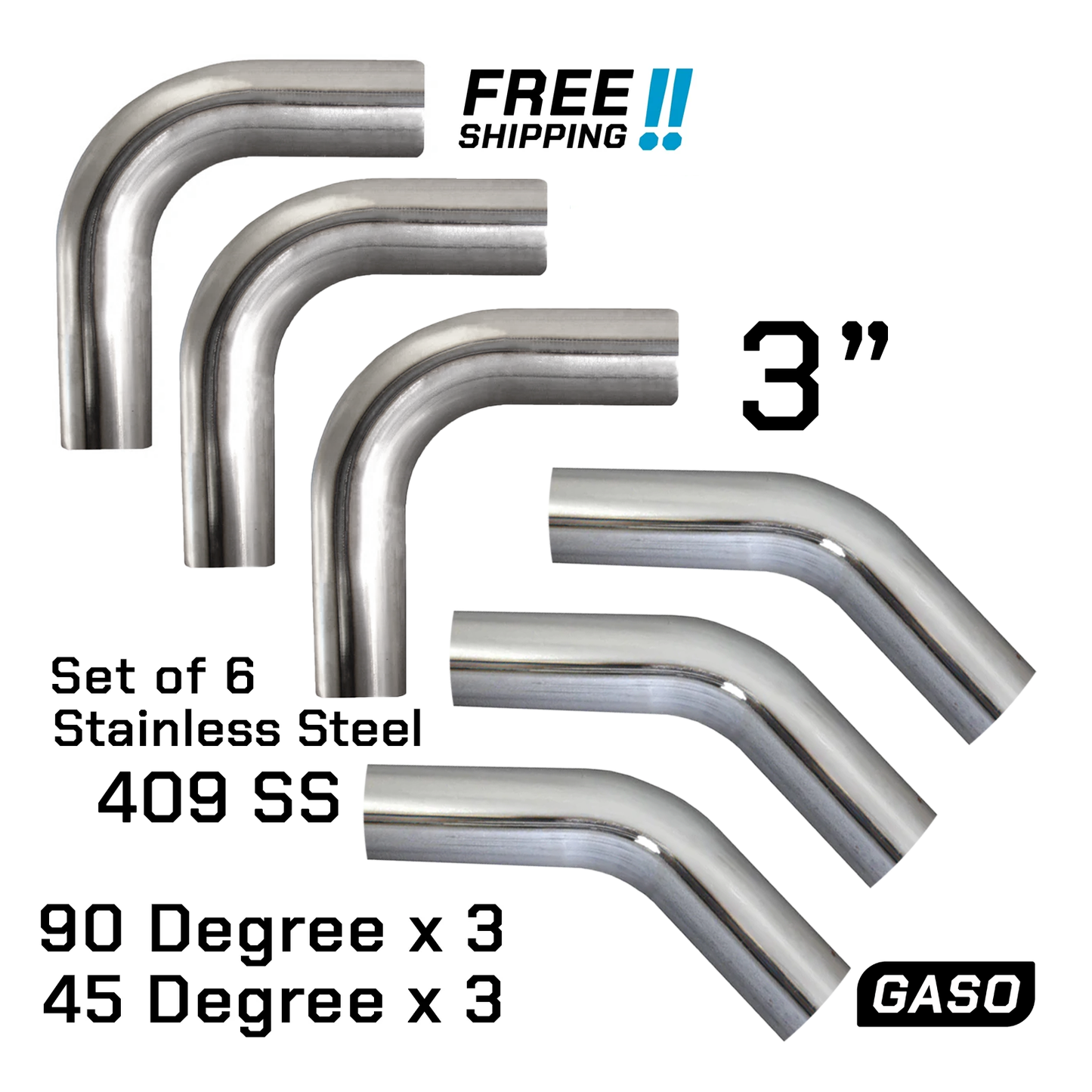 Set of 6 - 3" Inch Mandrel Bend Exhaust Pipe 409 Stainless Steel 3x 45 & 3x 90 Deg