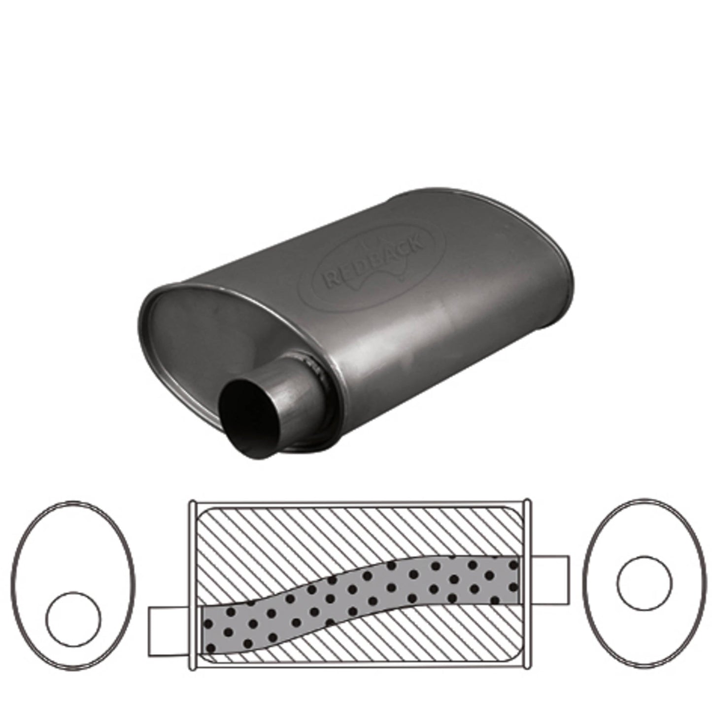 3" Performance Muffler Offset/Centre - 11" x 6" Oval, 16" Long, Aluminised Steel