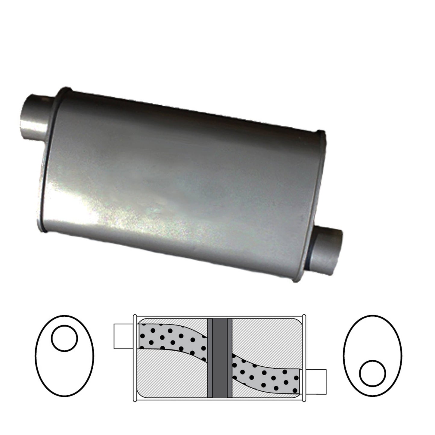 2" Chambered Muffler Offset/Offset - 8" x 4" Oval, 14" Long, Aluminised Steel