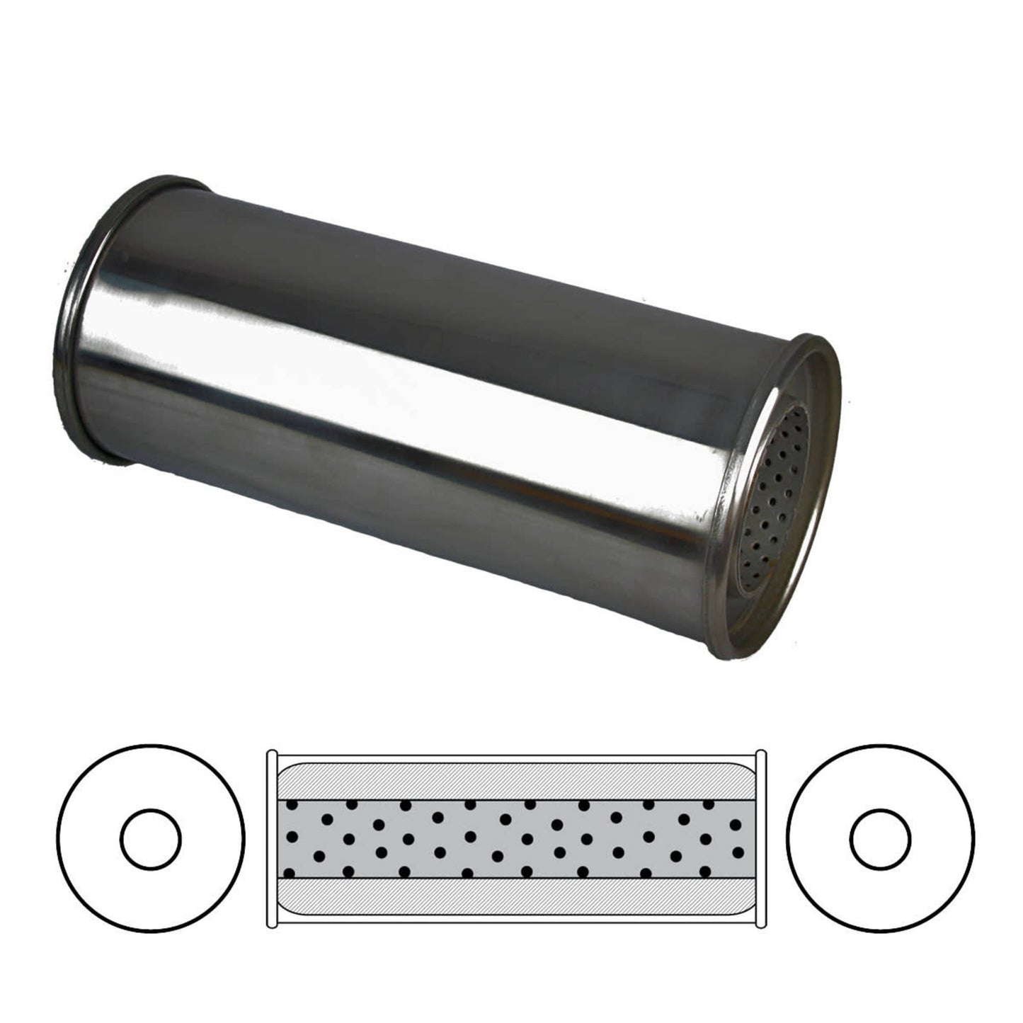 3" Performance Muffler Centre/Centre - 5" Round, 12" Long, 304 SS