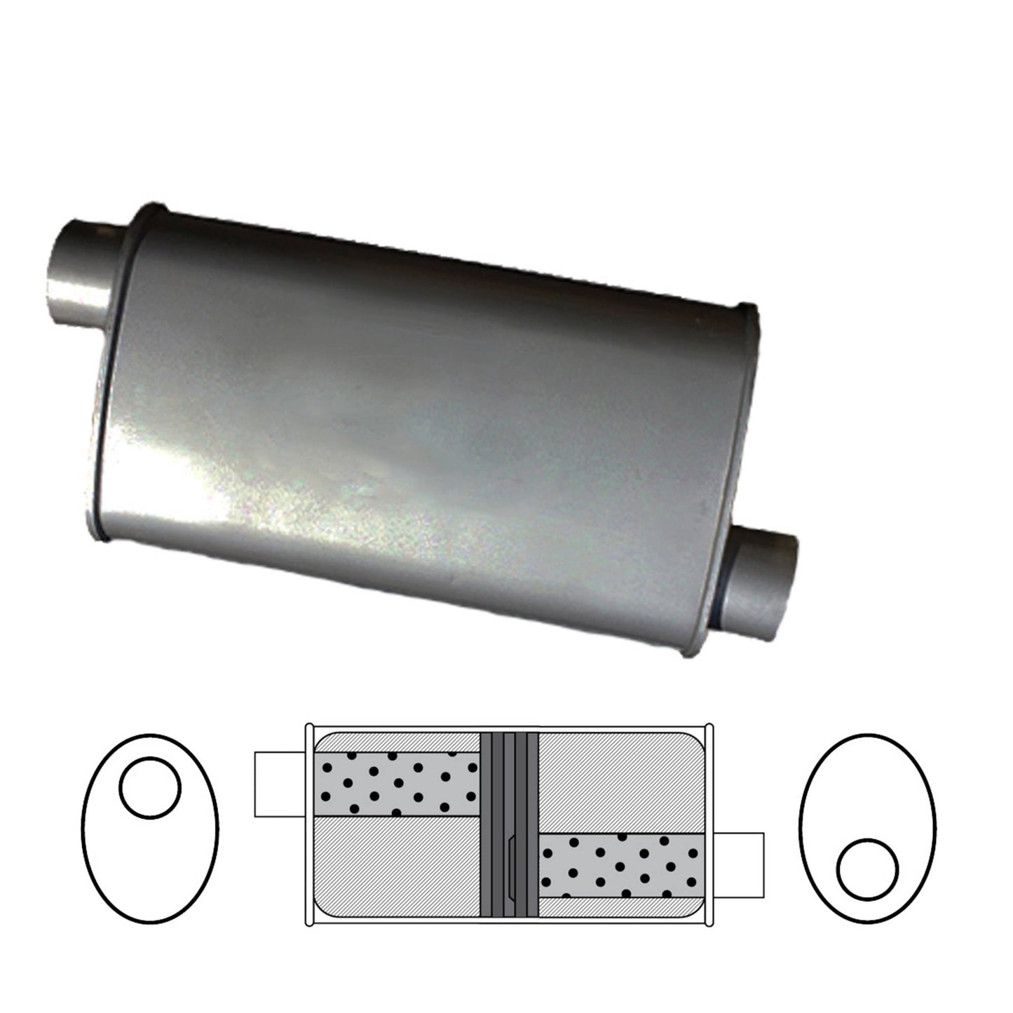 2" Baffled Muffler Offset/Offset - 8" x 4" Oval, 16" Long, Aluminised Steel