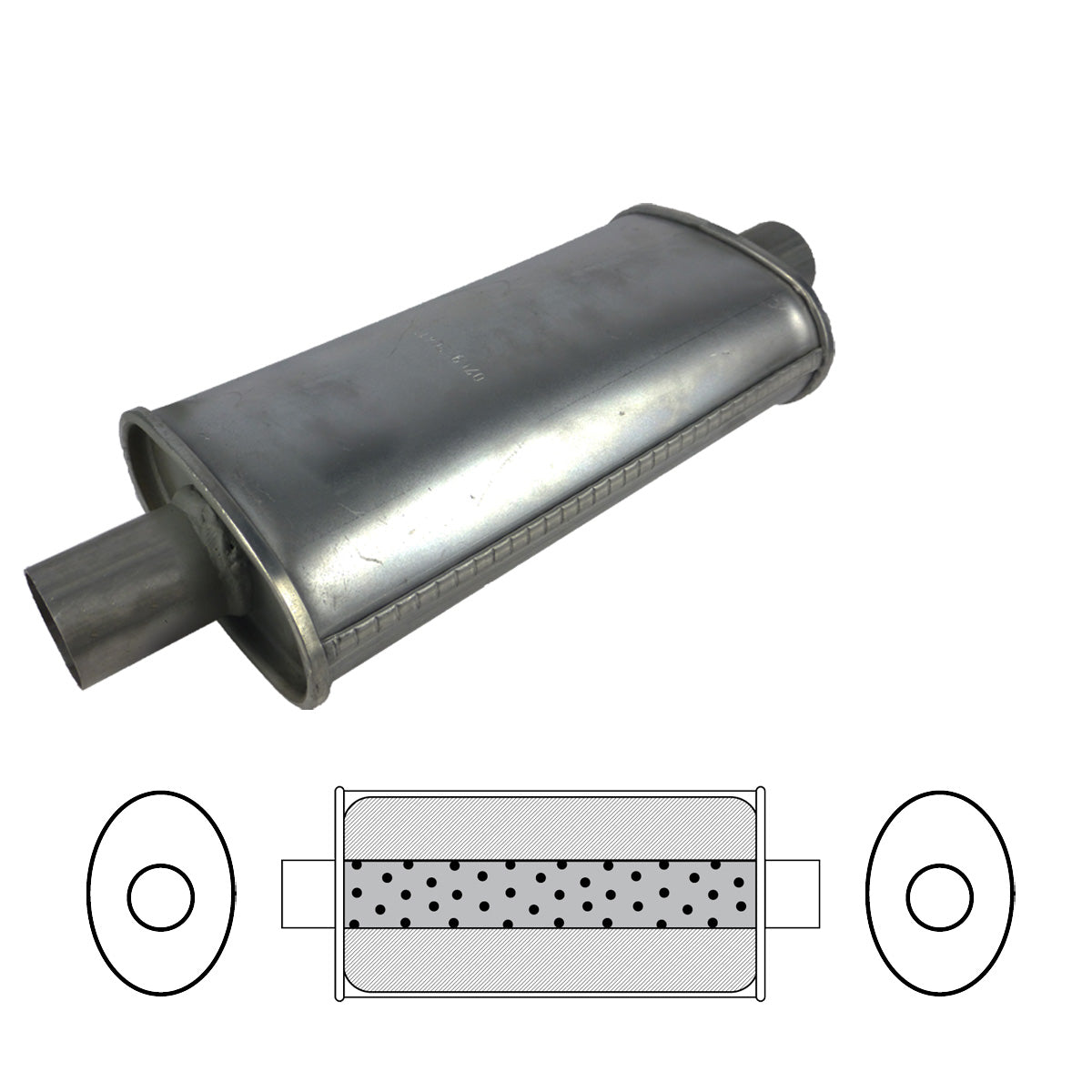 1-3/4" Performance Muffler Centre/Centre - 5" x 3" Oval, 8" Long, Aluminised Steel