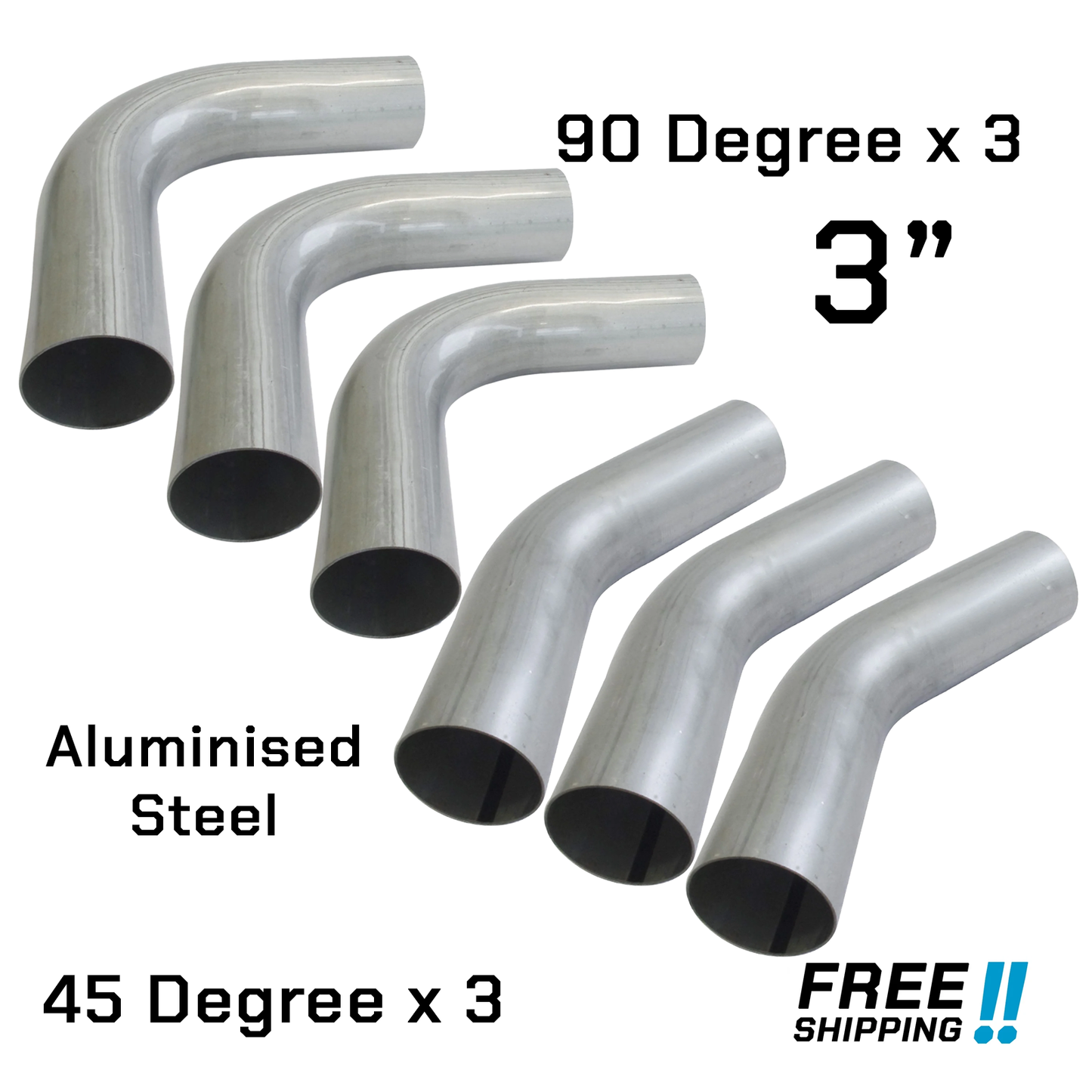 Set of 6 - 3" Inch Mandrel Bend Exhaust Pipe Aluminised Steel 3x 45 & 3x 90 Deg