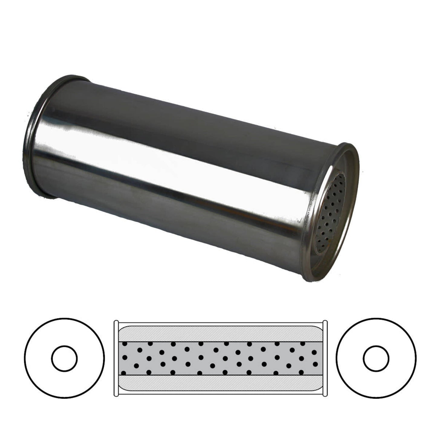 2-1/2" Performance Muffler Centre/Centre - 5" Round, 12" Long, 304 SS