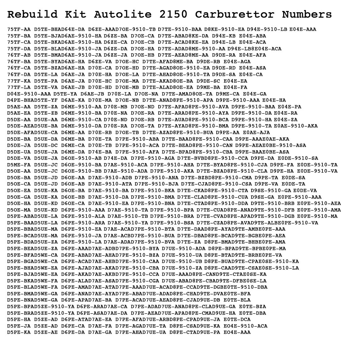 Rebuild Kit Autolite 2150 Carburettor Ford 6 & 8 cyl 75-78 Lincoln 77-80 Mercury 75-77 Ford Truck 74-80 Motorcraft