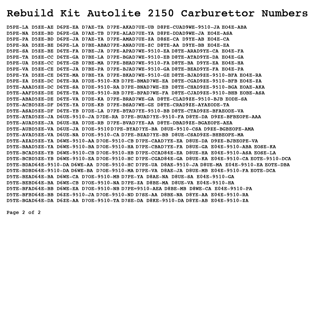 Rebuild Kit Autolite 2150 Carburettor Ford 6 & 8 cyl 75-78 Lincoln 77-80 Mercury 75-77 Ford Truck 74-80 Motorcraft