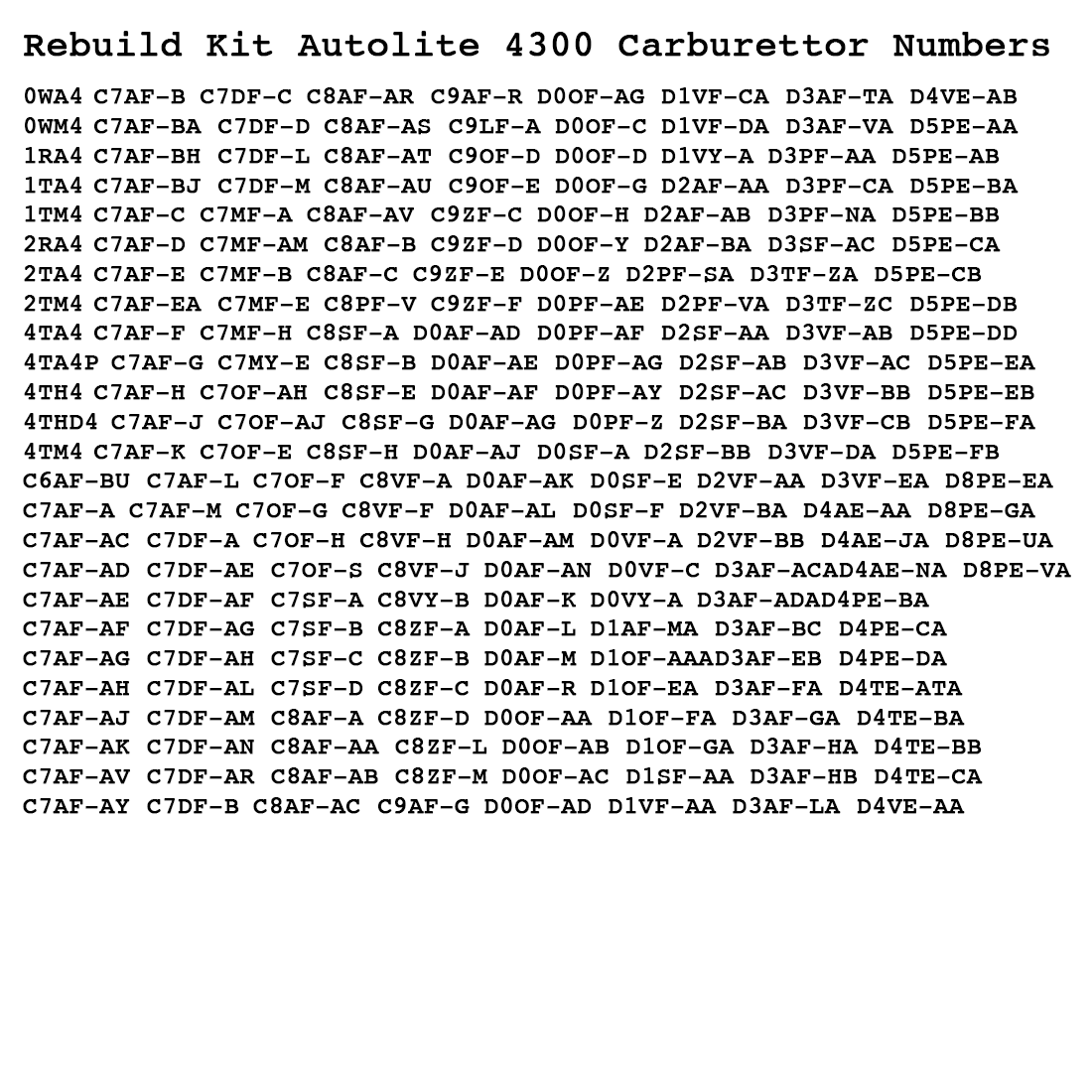 Rebuild Kit Autolite 4300 Carburettor AMC Ford Falcon XR-XA F100, Fairlane V8 Nash Rambler Jeep Lincoln