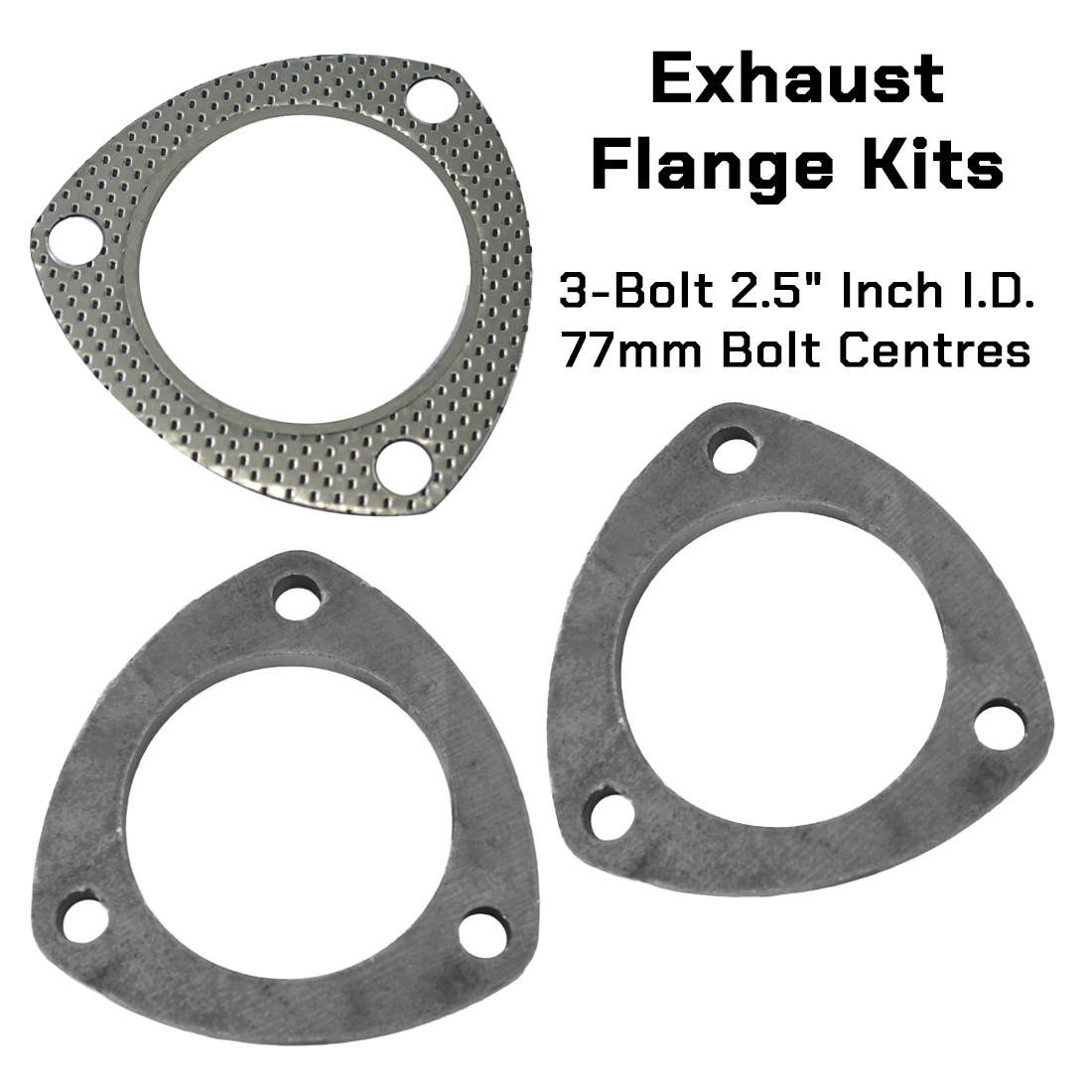 3-Bolt Collector 2.5" Flange Pair & Gasket Kit 77mm Bolt Centres