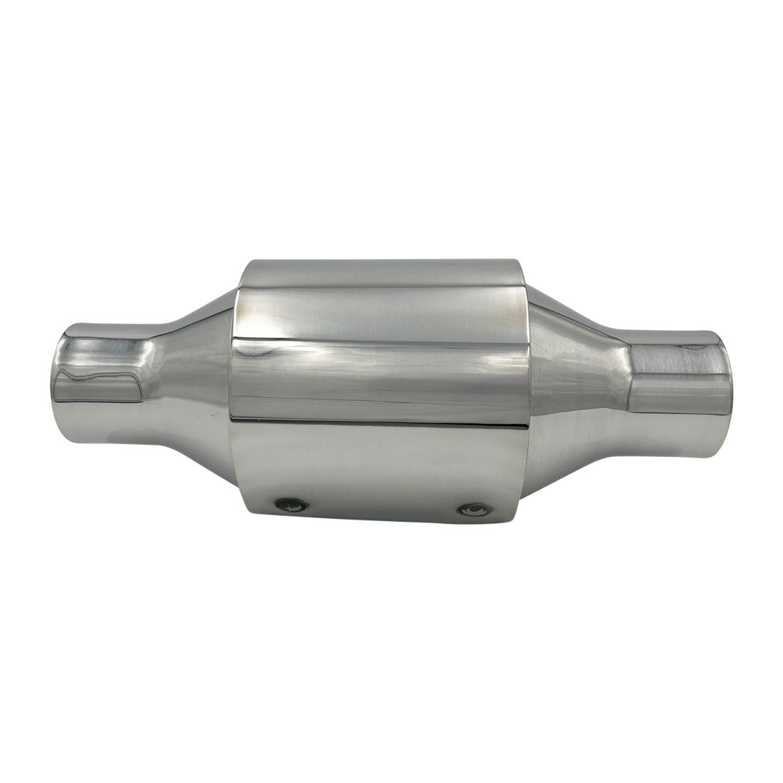 Hi Flow Catalytic Converter, 2" In/Out, 100 CPSI, Polished Stainless Steel with Heat Shield