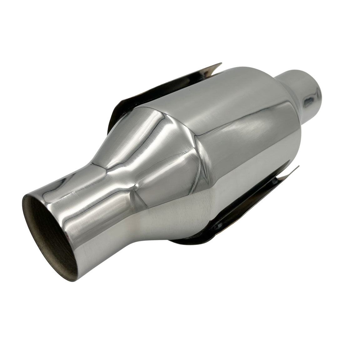 Hi Flow Catalytic Converter, 2" In/Out, 100 CPSI, Polished Stainless Steel with Heat Shield