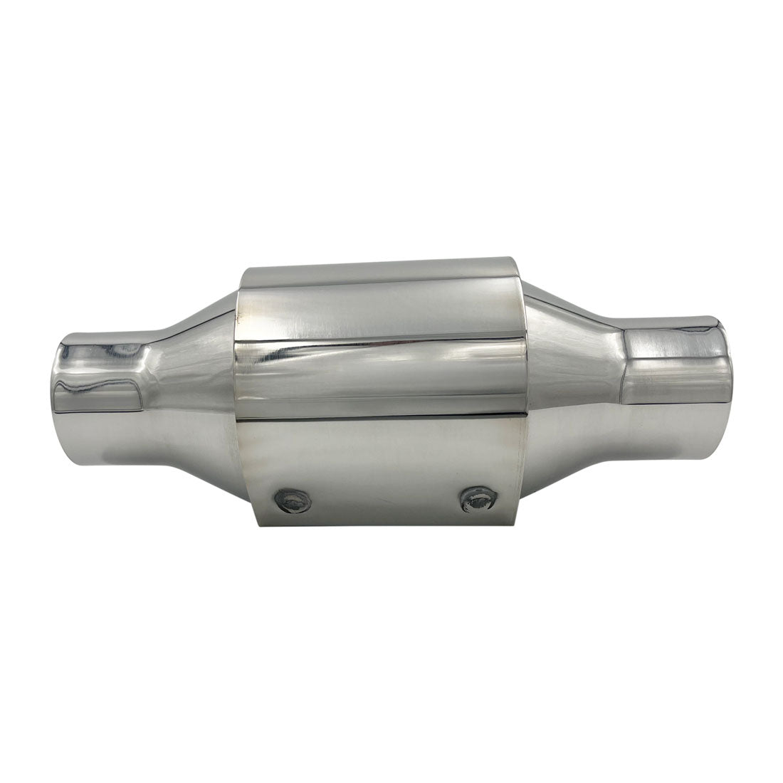 Hi Flow Catalytic Converter, 2.25" In/Out, 100 CPSI, Polished Stainless Steel with Heat Shield