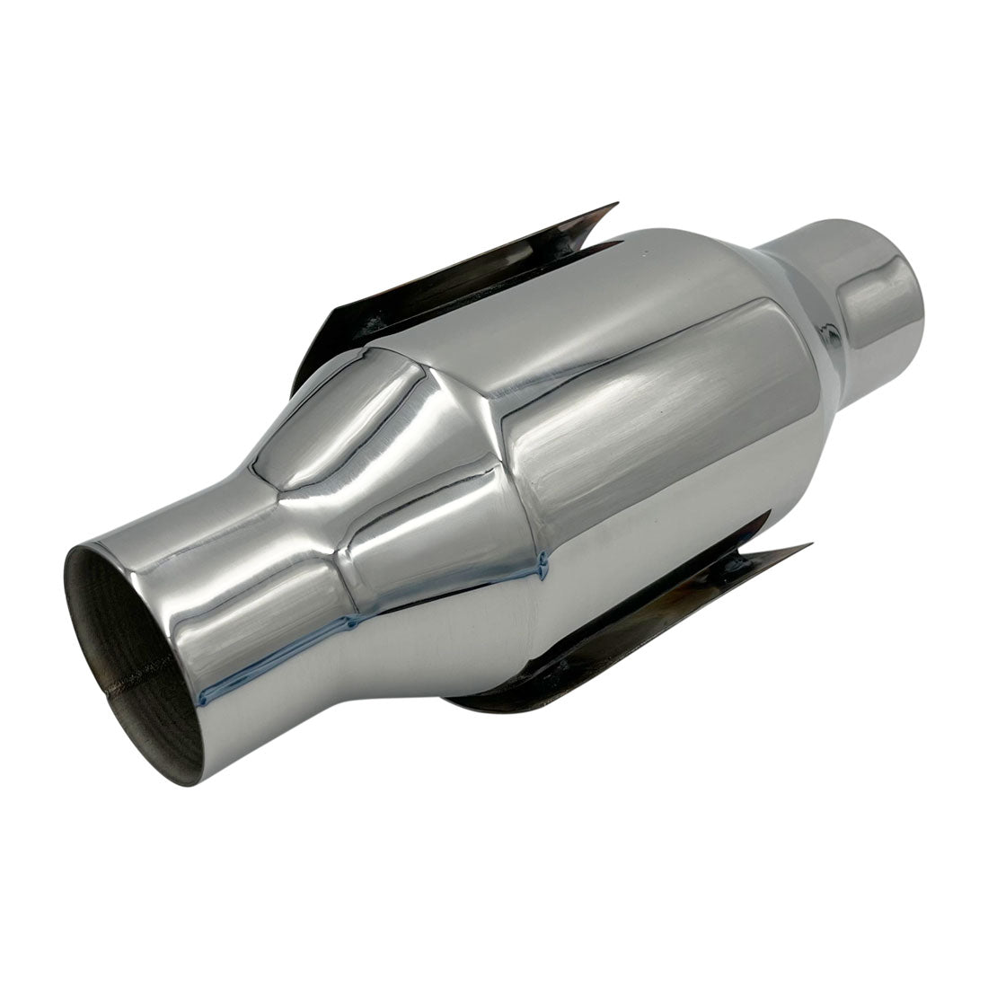 Hi Flow Catalytic Converter, 2.25" In/Out, 100 CPSI, Polished Stainless Steel with Heat Shield