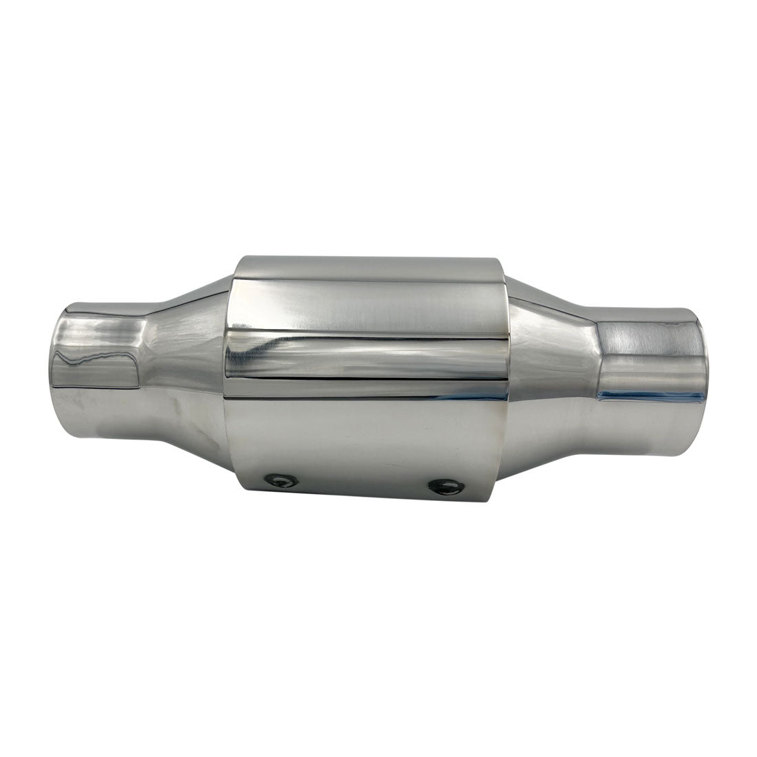 Hi Flow Catalytic Converter, 2.5" In/Out, 100 CPSI, Polished Stainless Steel with Heat Shield