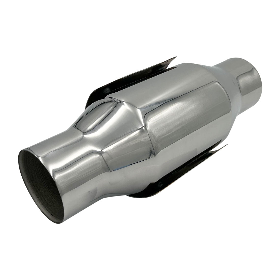 Hi Flow Catalytic Converter, 2.5" In/Out, 100 CPSI, Polished Stainless Steel with Heat Shield
