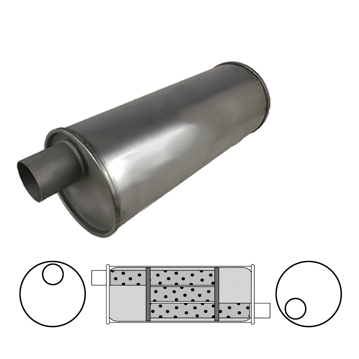 1-3/4" Triple Flow Muffler Offset/Offset - 6" Round, 18" Long, Aluminised Steel