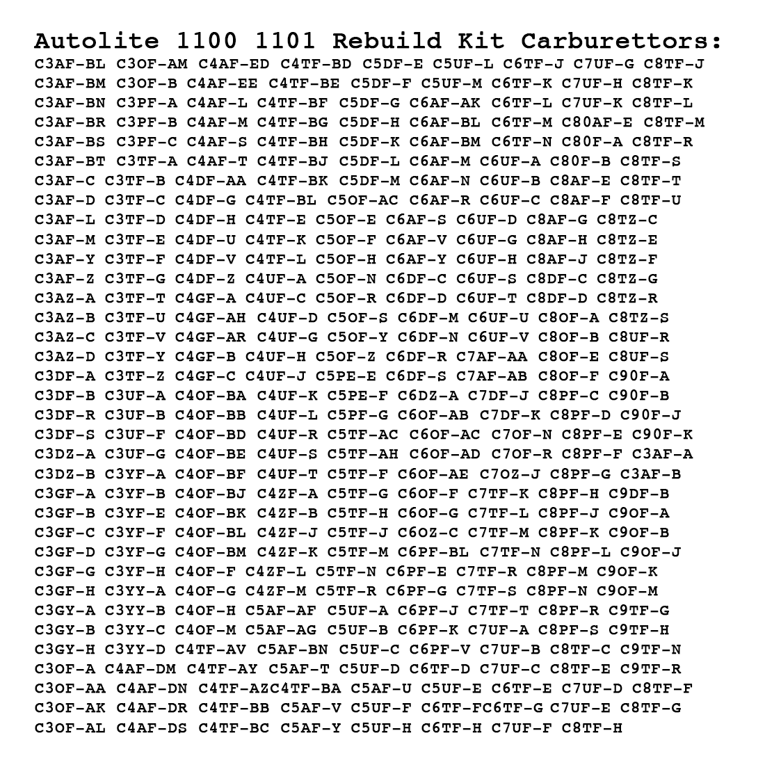 Rebuild Kit Autolite 1100 1101 Carburettor 1953-69 Ford 6 Cylinder incl. XP Falcon