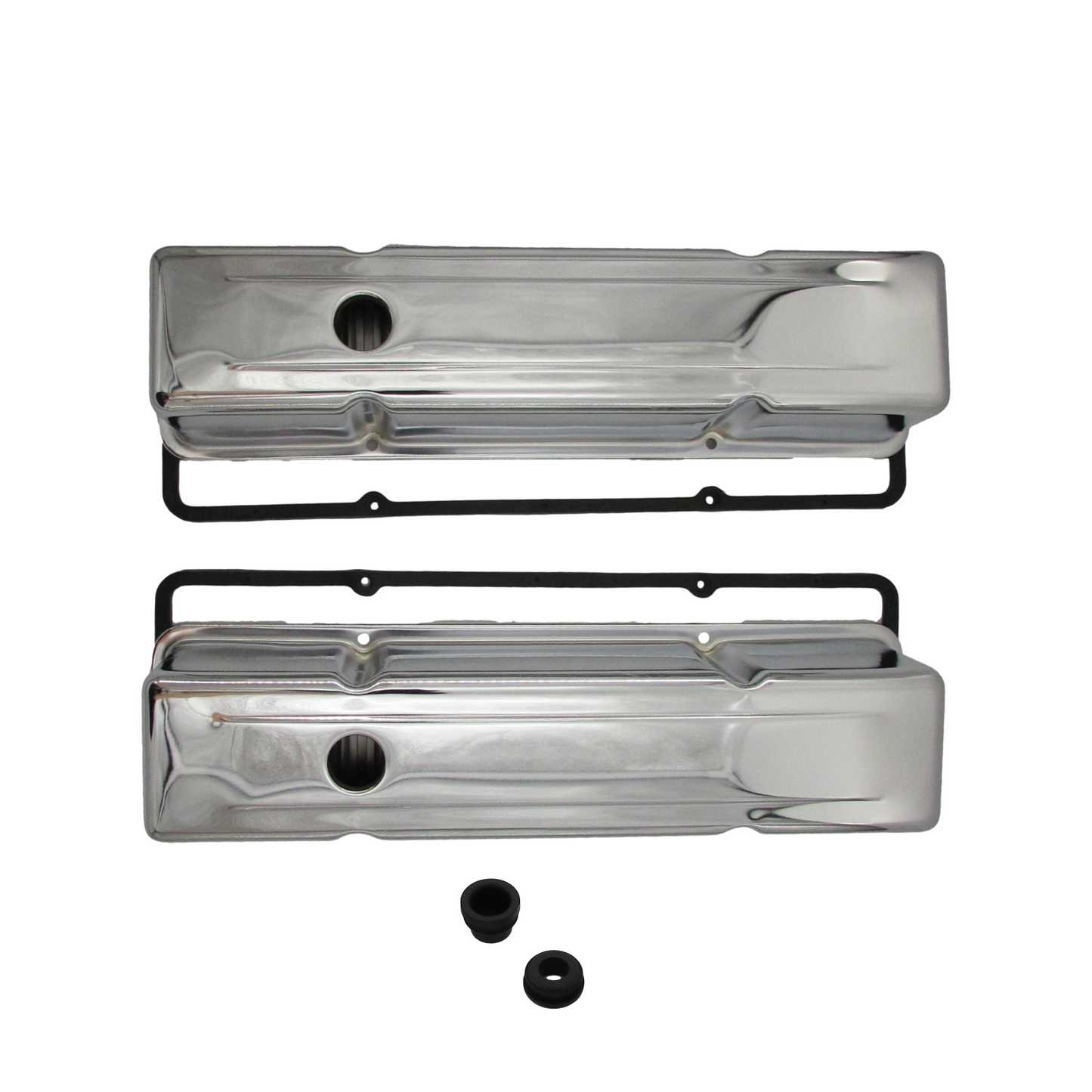 SPECO Chevy 283-350 SBC Chrome Valve Covers with Rubber Gaskets & Grommets Kit