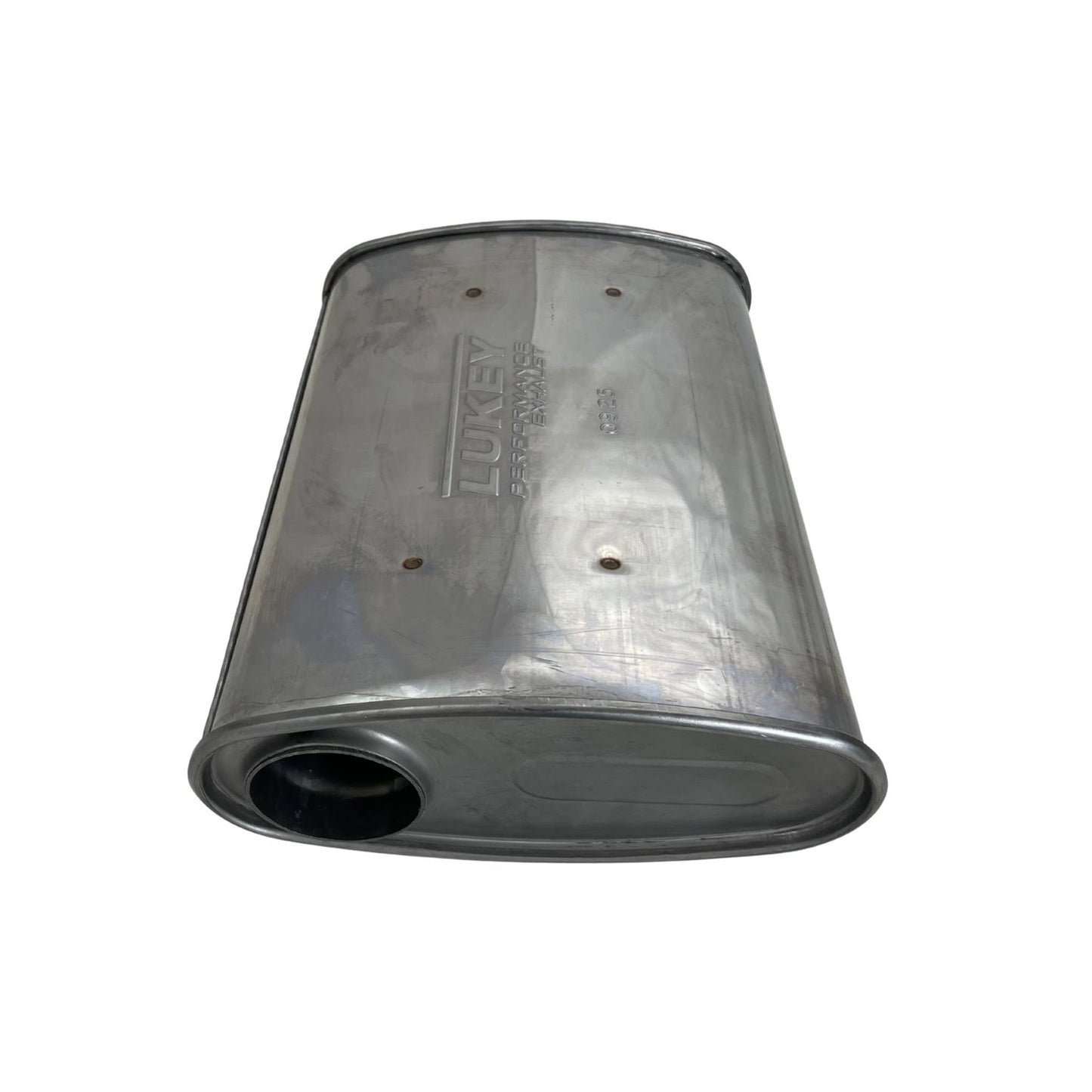 2-1/2" Triple Flow Lukey Muffler Offset/Centre - 10" x 4" Oval, 14" Long, 430 SS