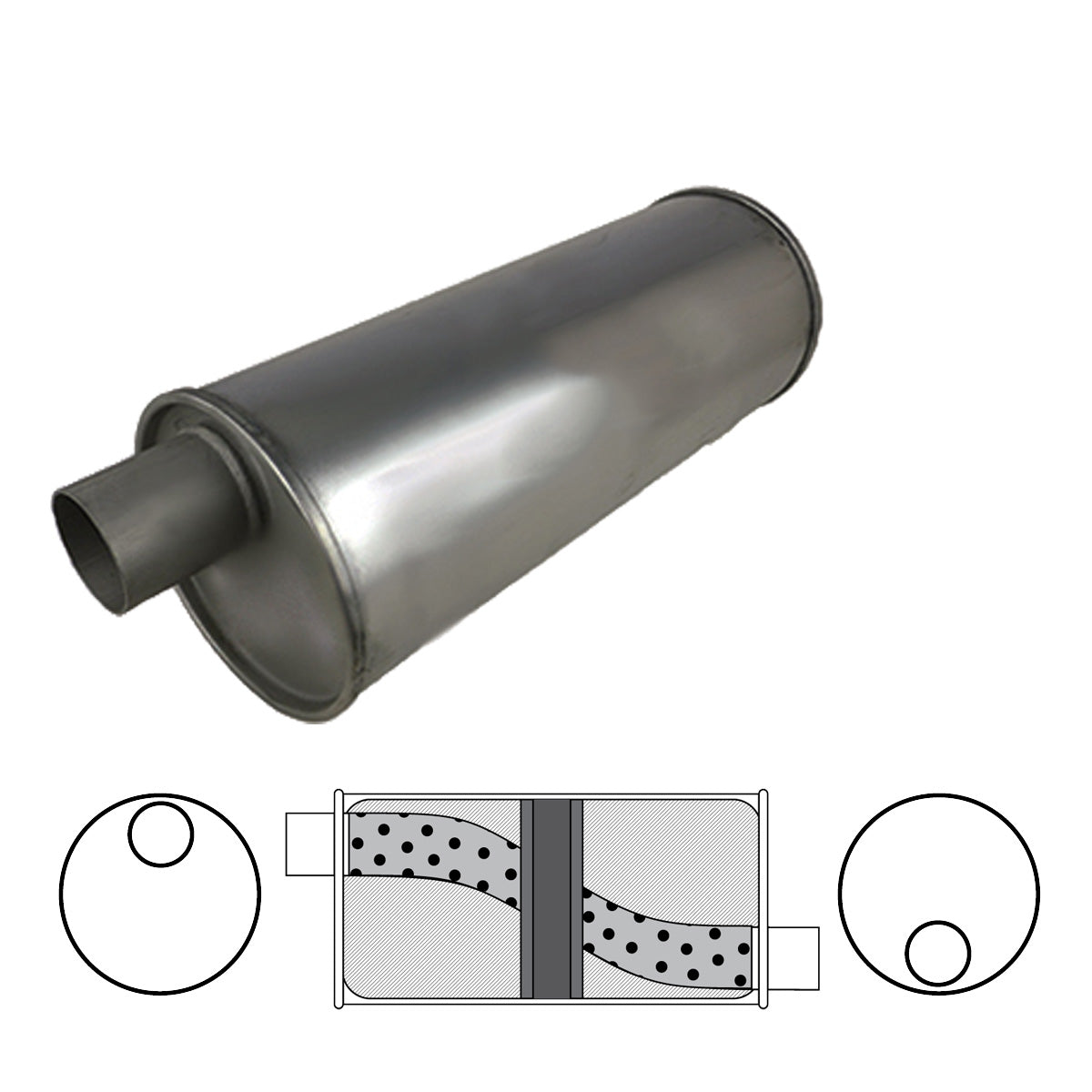 2-1/2" Chambered Muffler Offset/Offset - 6" Round, 14" Long, Aluminised Steel