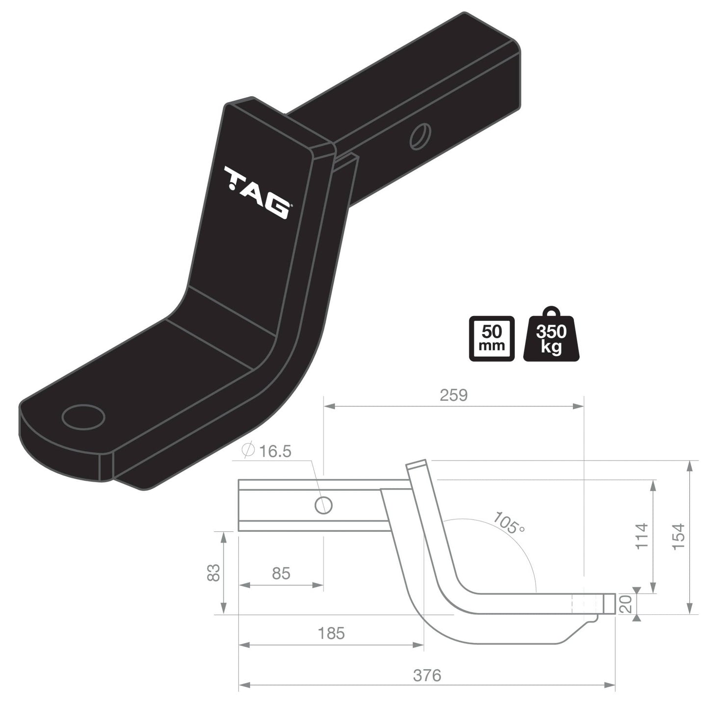 TAG Tow Ball Mount - 254mm Long, 88mm Drop, 50mm Square Hitch