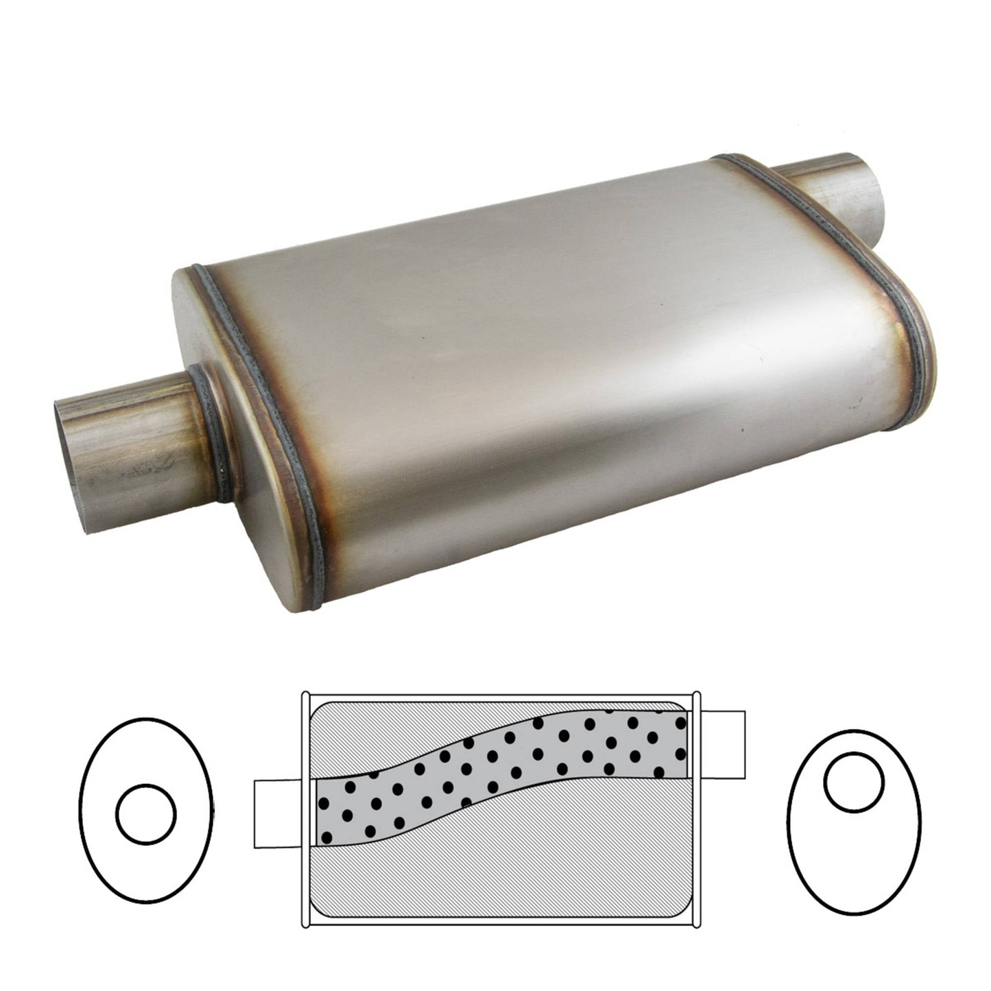 2-1/4" Performance Muffler Offset/Centre - 9" x 4" Oval, 16" Long, 409 SS