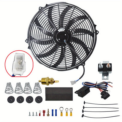 Automotive cooling system components including a fan, wiring harness, and related parts on a white background.