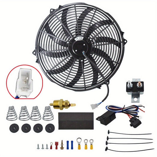 Automotive cooling system components including a fan, wiring harness, and related parts on a white background.
