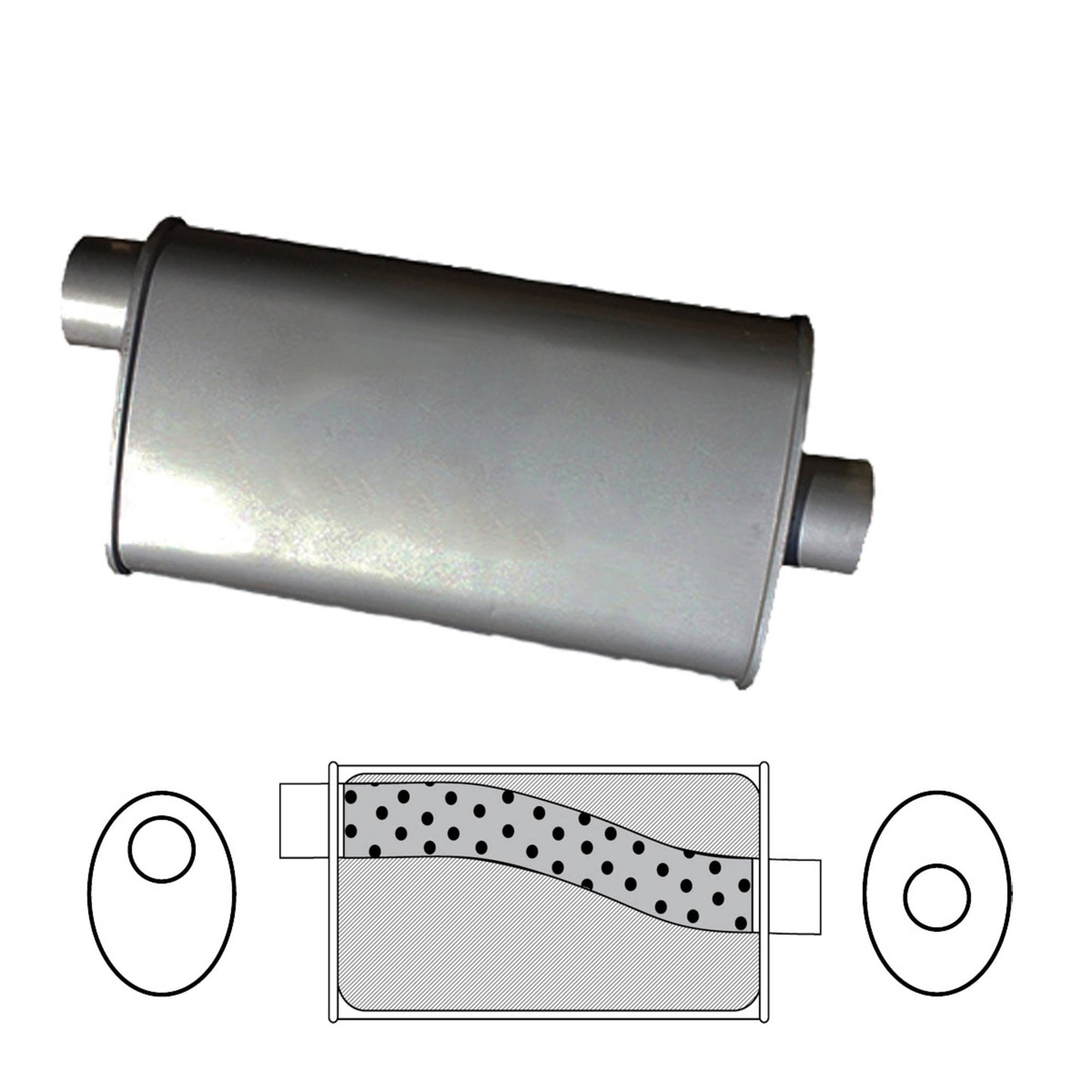 2-1/4" Performance Muffler Offset/Centre - 8" x 4" Oval, 14" Long, Aluminised Steel