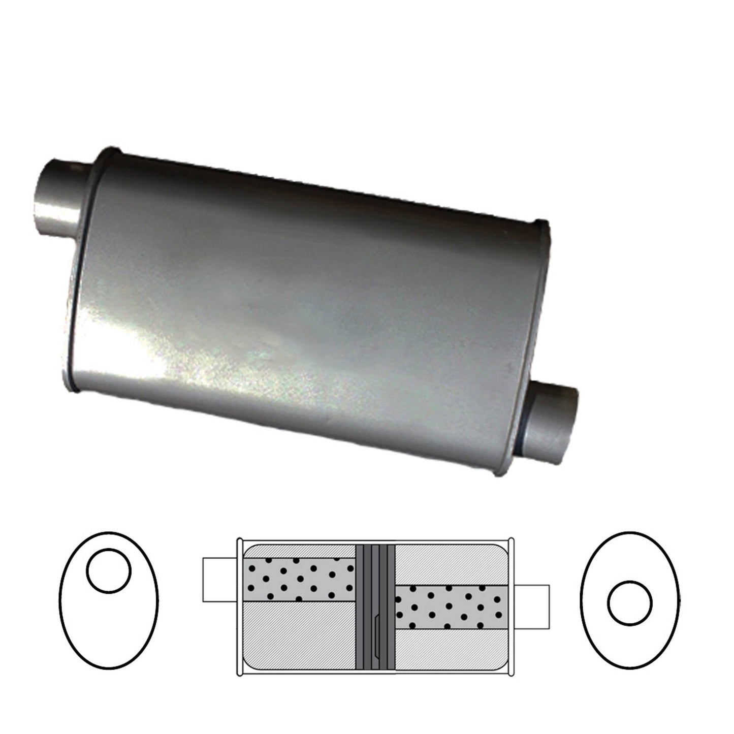 2-1/4" Baffled Muffler Offset/Centre - 8" x 4" Oval, 14" Long, Aluminised Steel