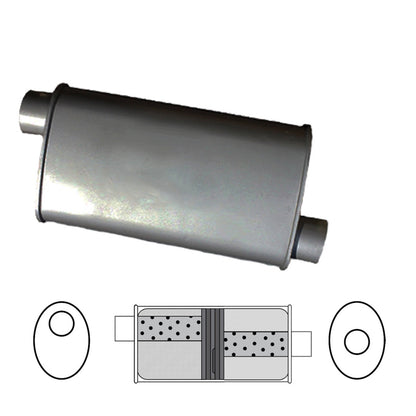 2-1/4" Baffled Muffler Offset/Centre - 8" x 4" Oval, 14" Long, Aluminised Steel