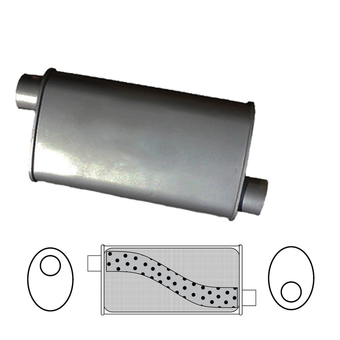 2-1/2" Performance Muffler Offset/Offset - 10" x 4" Oval, 14" Long, Aluminised Steel