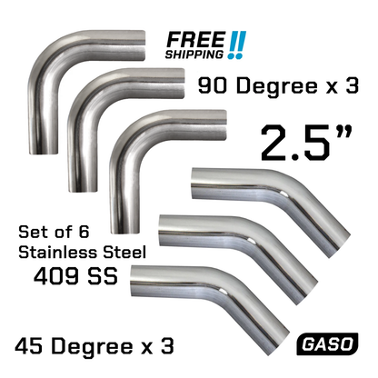 Set of 6 - 2.5" Inch Mandrel Bend Exhaust Pipe 409 Stainless Steel 3x 45 & 3x 90 Deg