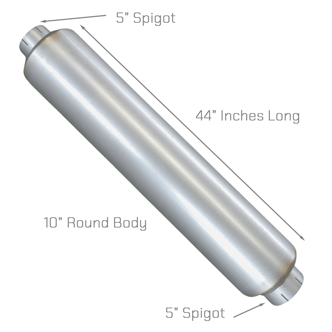 5" Inlet/Outlet Truck Muffler – 409 Stainless Steel, 10" Round x 44" Body