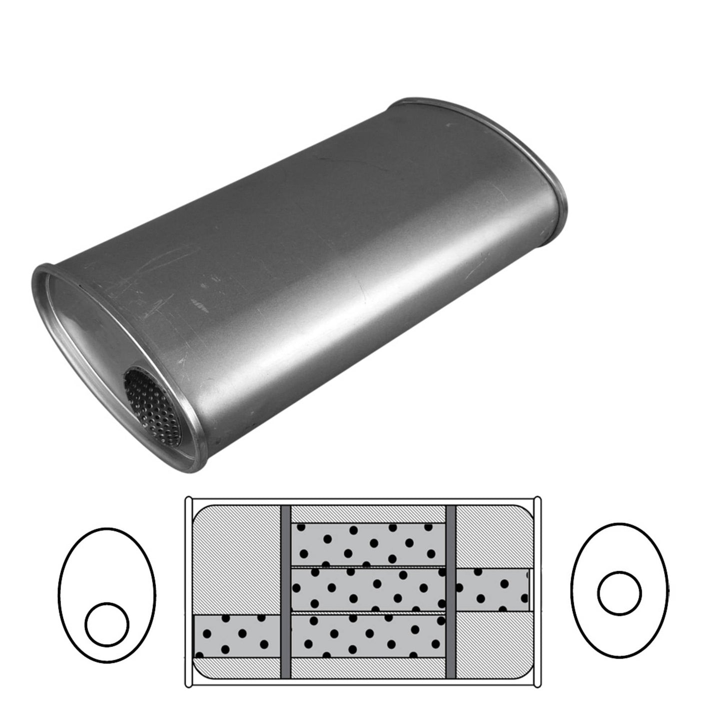 2-1/4" Triple Flow Muffler Offset/Centre - 11" x 6" Oval, 20" Long, Aluminised Steel