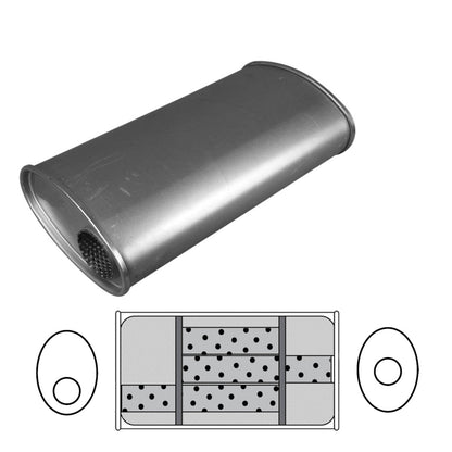 2-1/4" Triple Flow Muffler Offset/Centre - 11" x 6" Oval, 20" Long, Aluminised Steel