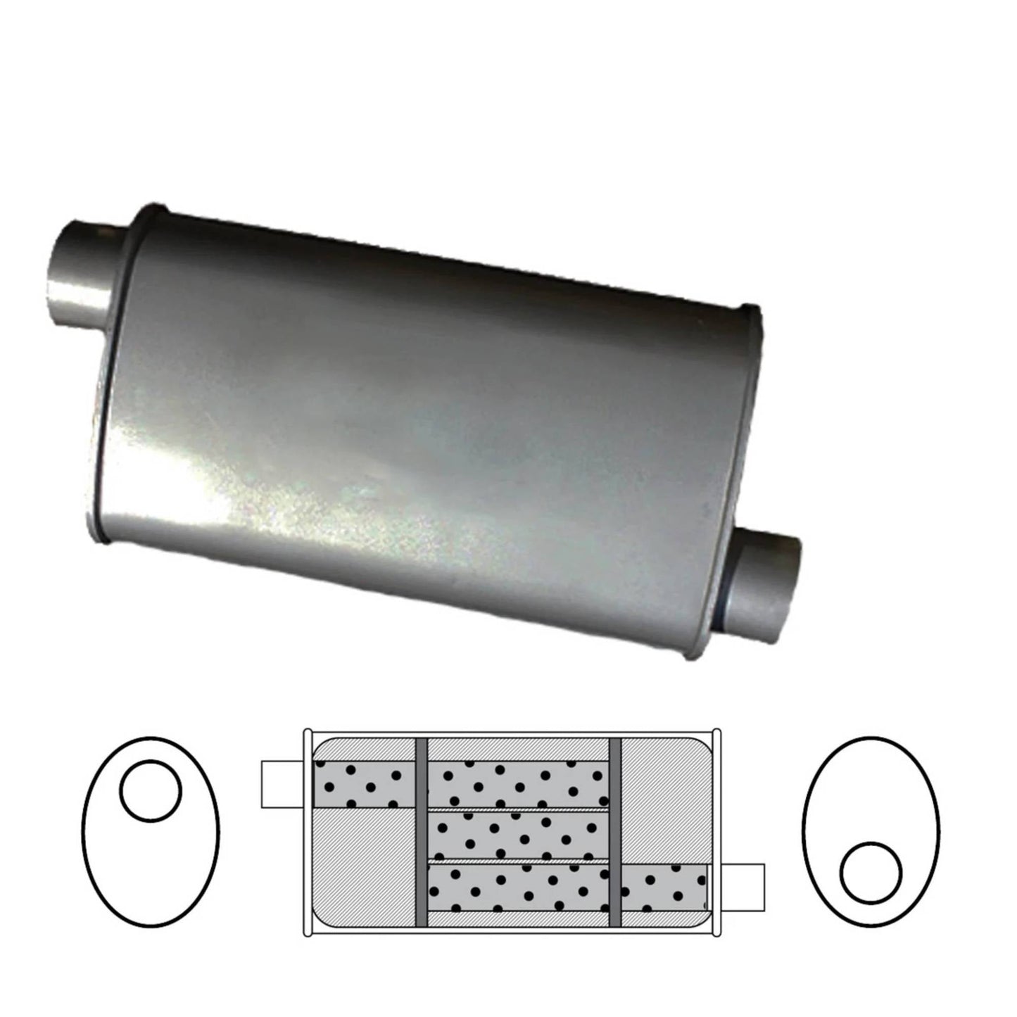 2" Triple Flow Muffler Offset/Offset - 8" x 4" Oval, 14" Long, Aluminised Steel