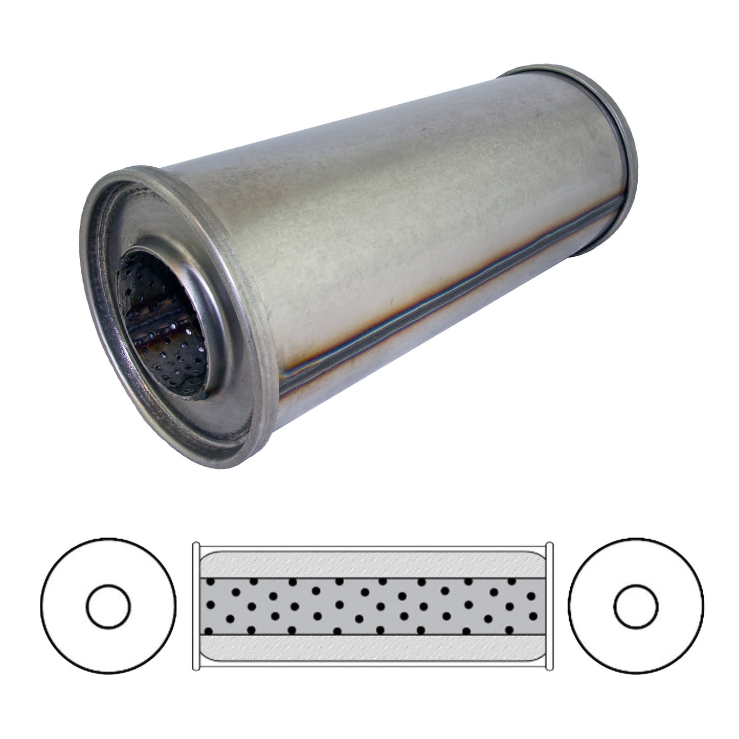 2-1/2" Performance Muffler Centre/Centre - 5" Round, 12" Long, 409 SS
