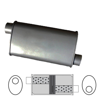 2" Baffled Muffler Offset/Offset - 8" x 4" Oval, 16" Long, Aluminised Steel