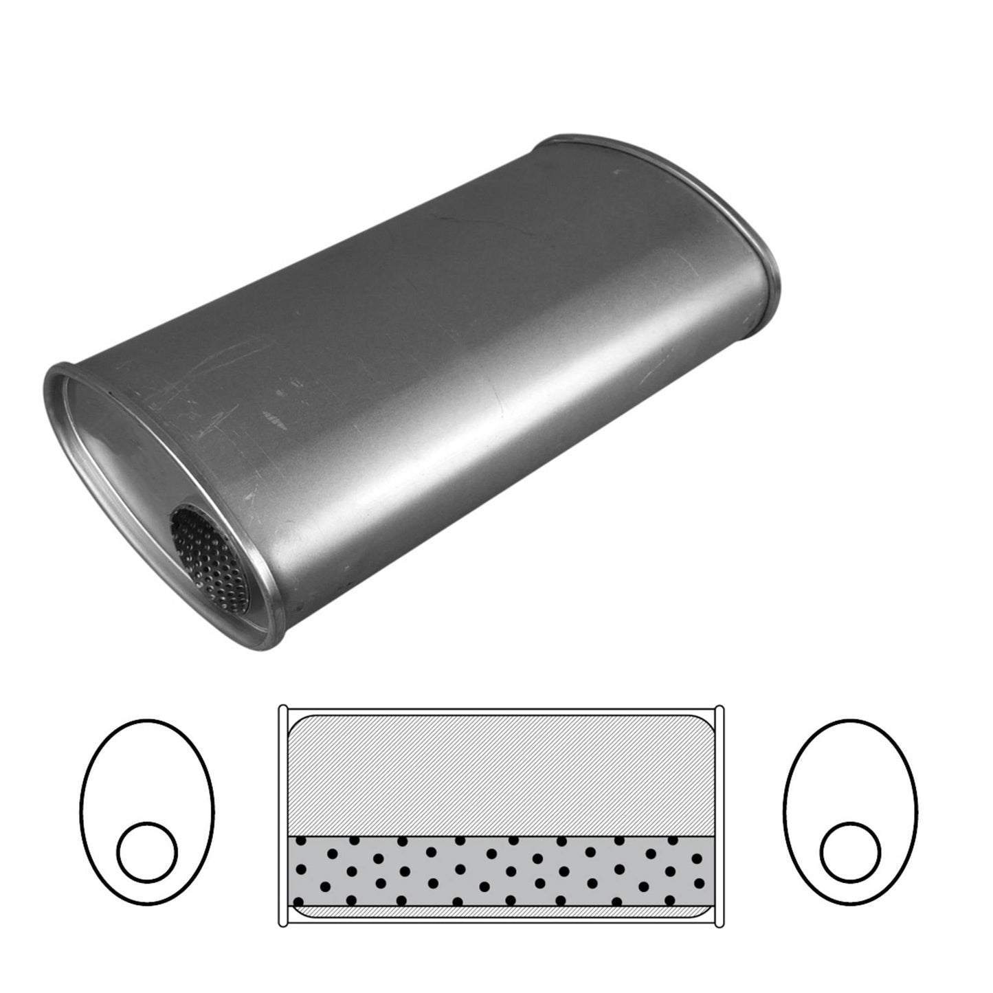 2-1/2" Sports Muffler Inline Offset/Offset - 10" x 4" Oval, 10" Long Same Side Inlet Outlet
