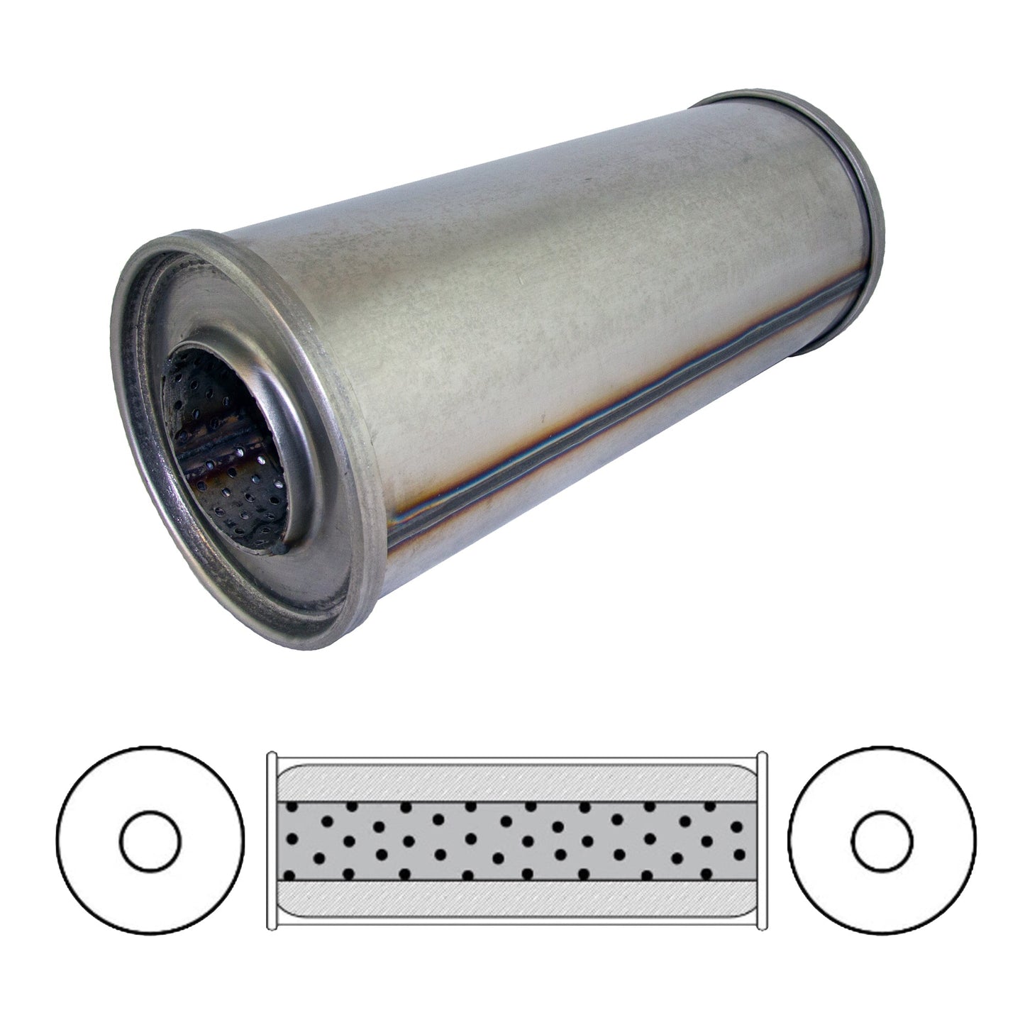 2-1/2" Performance Muffler Centre/Centre - 5" Round, 12" Long, 409 SS