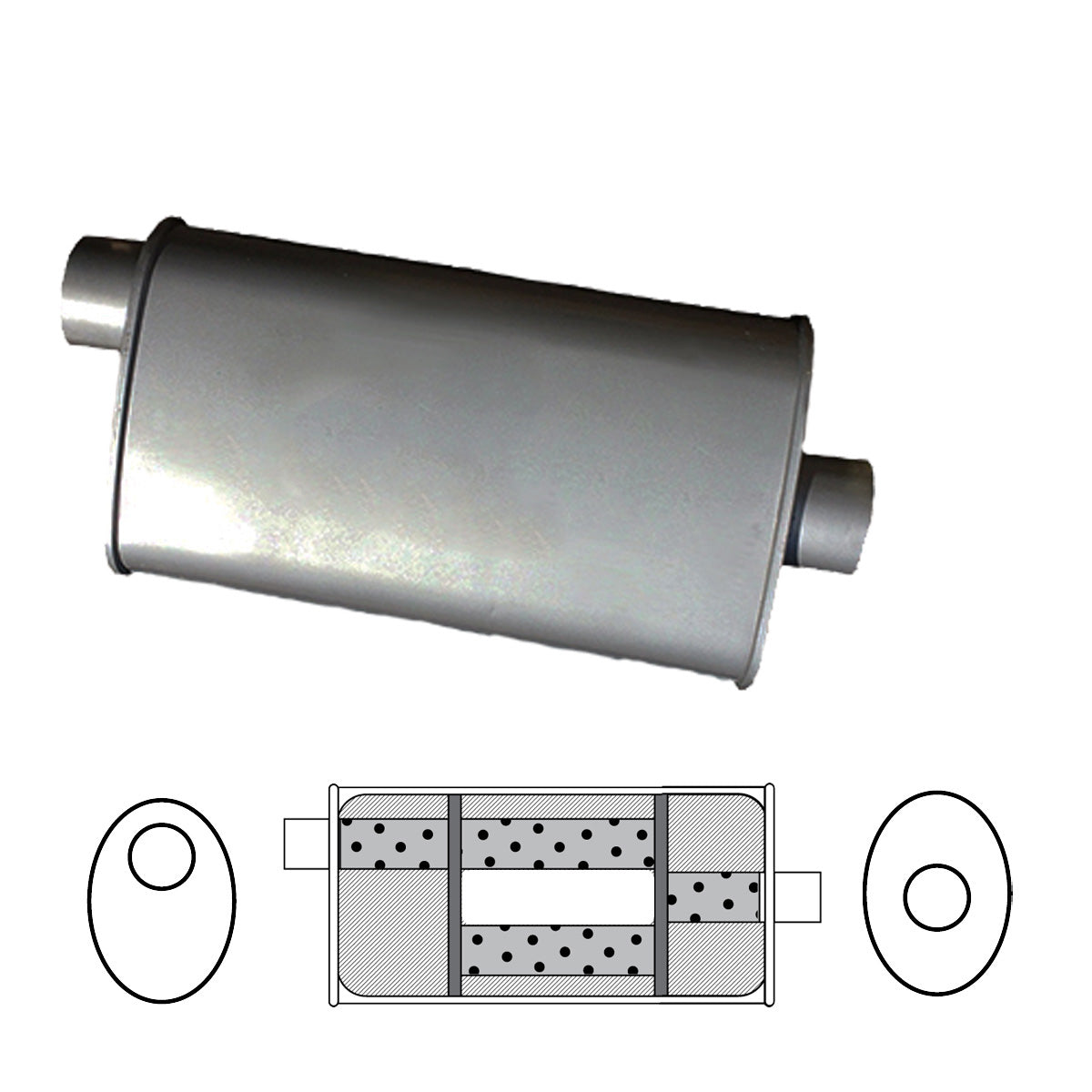 1-3/4" Performance Muffler Offset/Centre - 8" x 5" Oval, 16" Long, Aluminised Steel