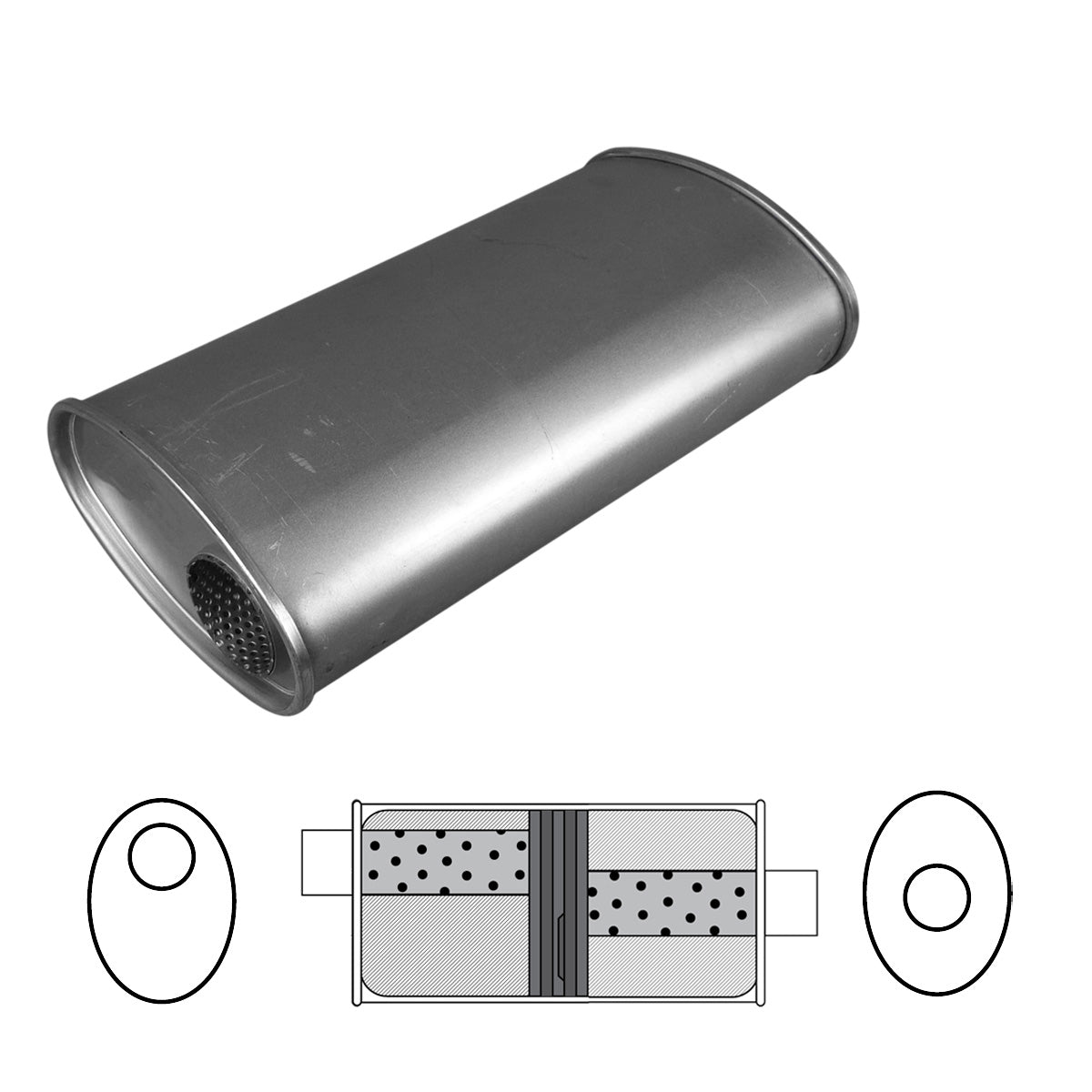 3" Baffled Muffler Offset/Centre - 8" x 5" Oval, 14" Long, Aluminised Steel