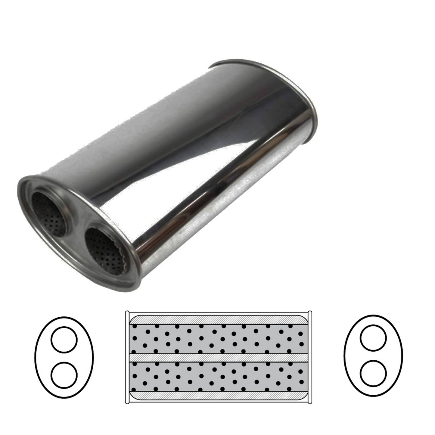 3" Performance Muffler Twin In/Twin Out - 8" x 5" Oval, 14" Long, Aluminised Steel