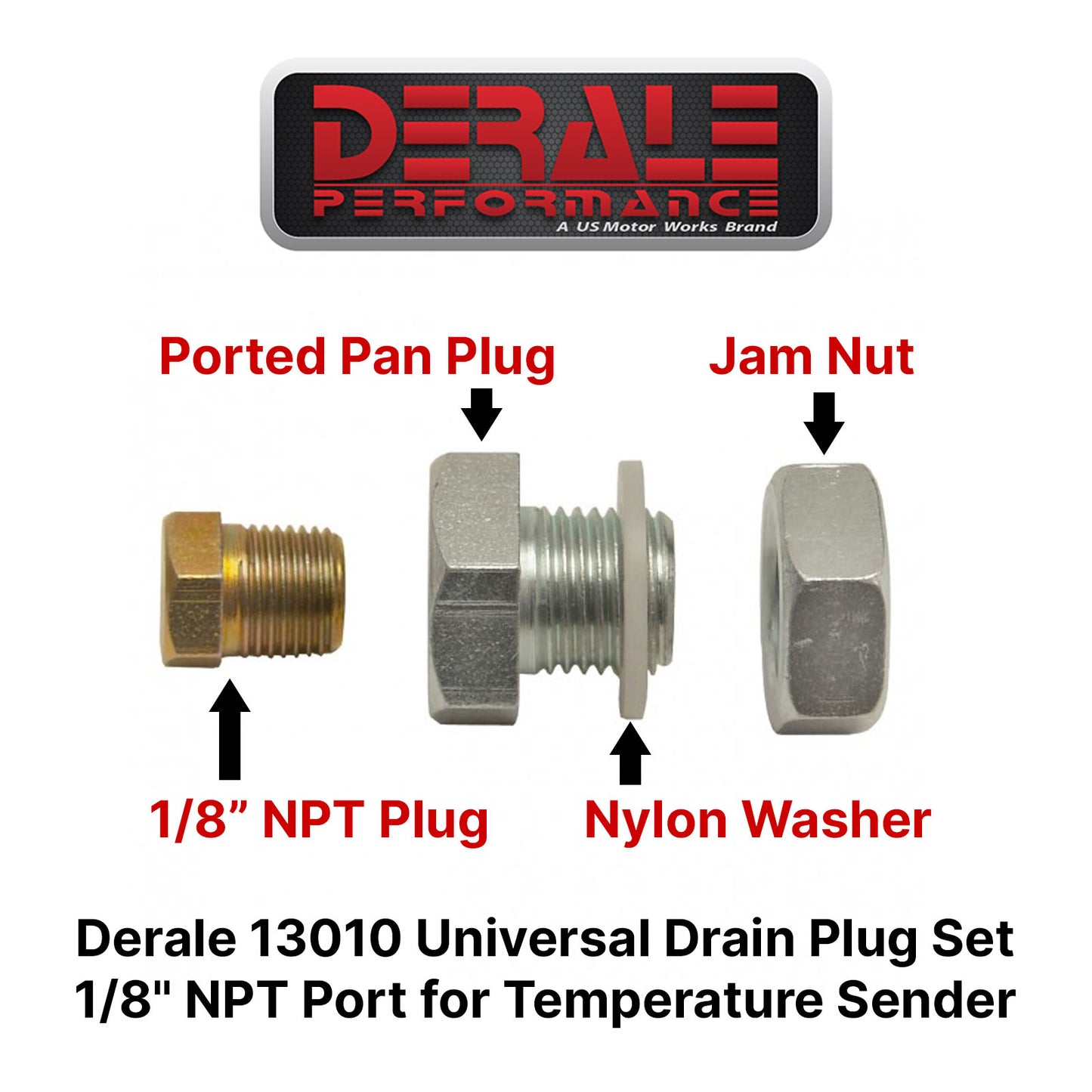 Derale 13010 Universal Transmission Pan Drain Plug Kit for 1/8" NPT Temp Sender