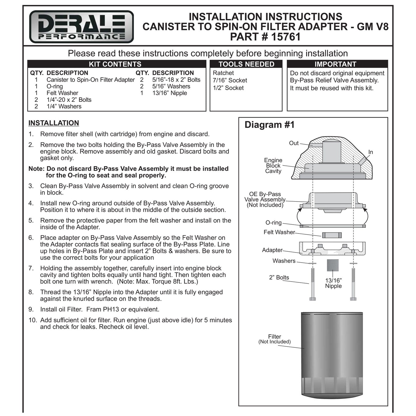 Derale 15761 V8 57-67 SB + BB Chev Canister to 13/16" Spin-On Oil Filter Adapter
