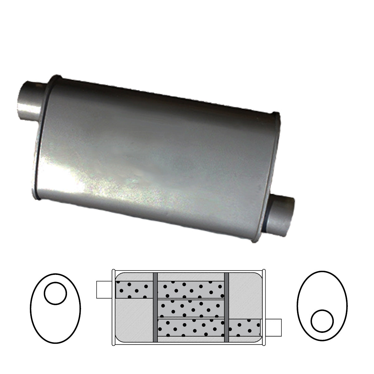 2-1/4" Triple Flow Muffler Offset/Offset - 10" x 4" Oval, 16" Long, Aluminised Steel