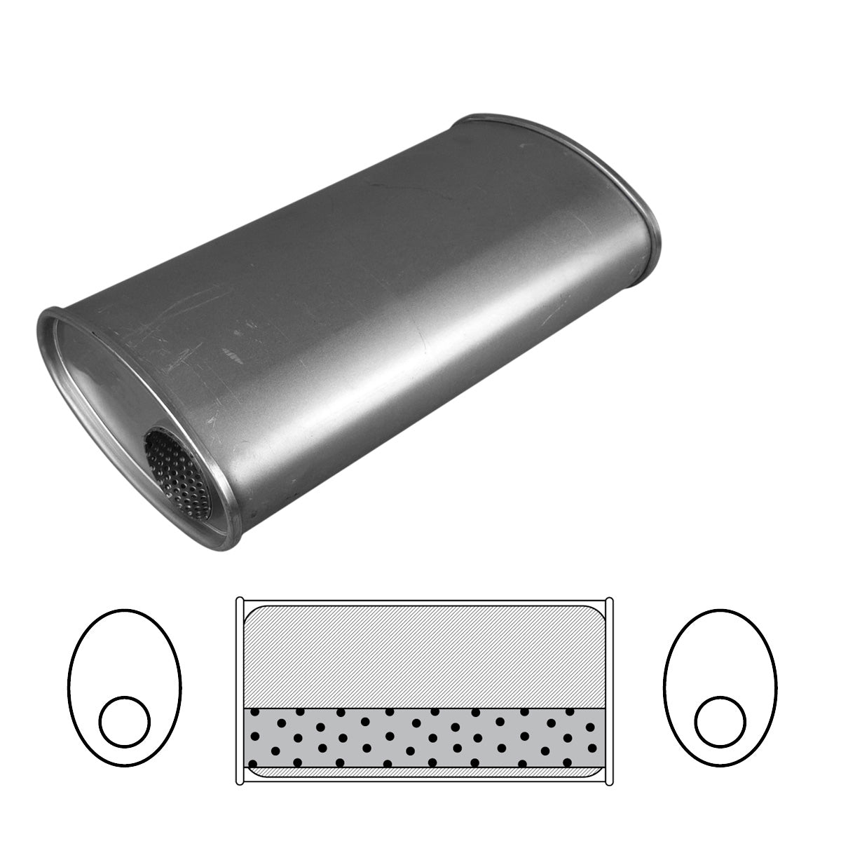 2-1/2" Sports Muffler Inline Offset/Offset - 10" x 4" Oval, 10" Long Same Side Inlet Outlet